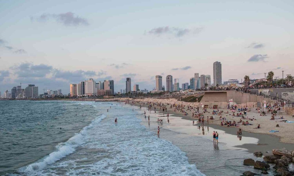 Tel Aviv’s coastline, with its beaches and city skyline stretching along the Mediterranean Sea.