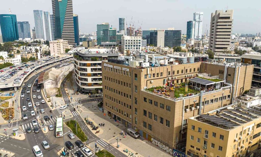 Aerial view of Abraham Tel Aviv hostel near Rothschild Boulevard in central Tel Aviv